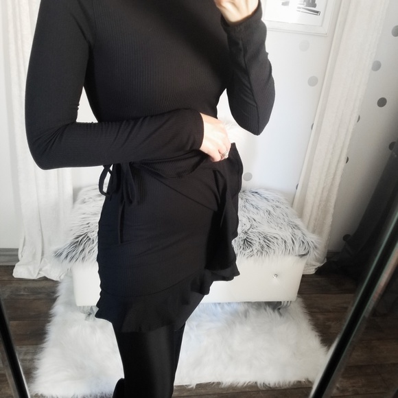 Fall Black Ribbed Knit Ruffle Dress Wrap Tunic Top Women’s Tops Clothes - Picture 5 of 10